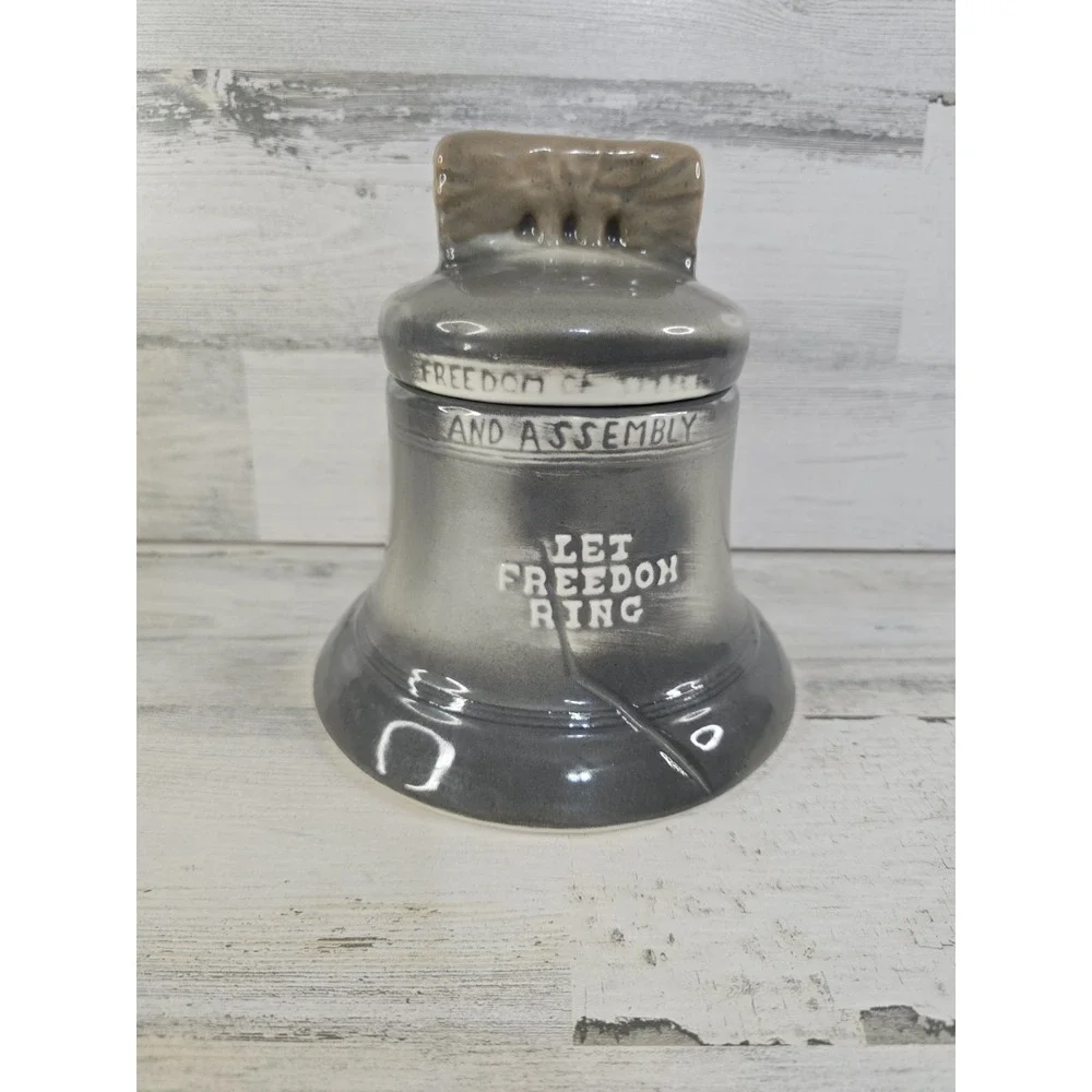 Vintage House of Webster Liberty Bell Ceramic Cookie Jar Canister Gray Texas